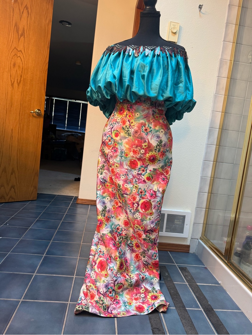 Vibrant Floral dress with Teal Off-Shoulder Top
